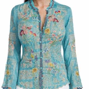 Johnny Was heavily embroidered “Albee” blouse in marine blue NWT